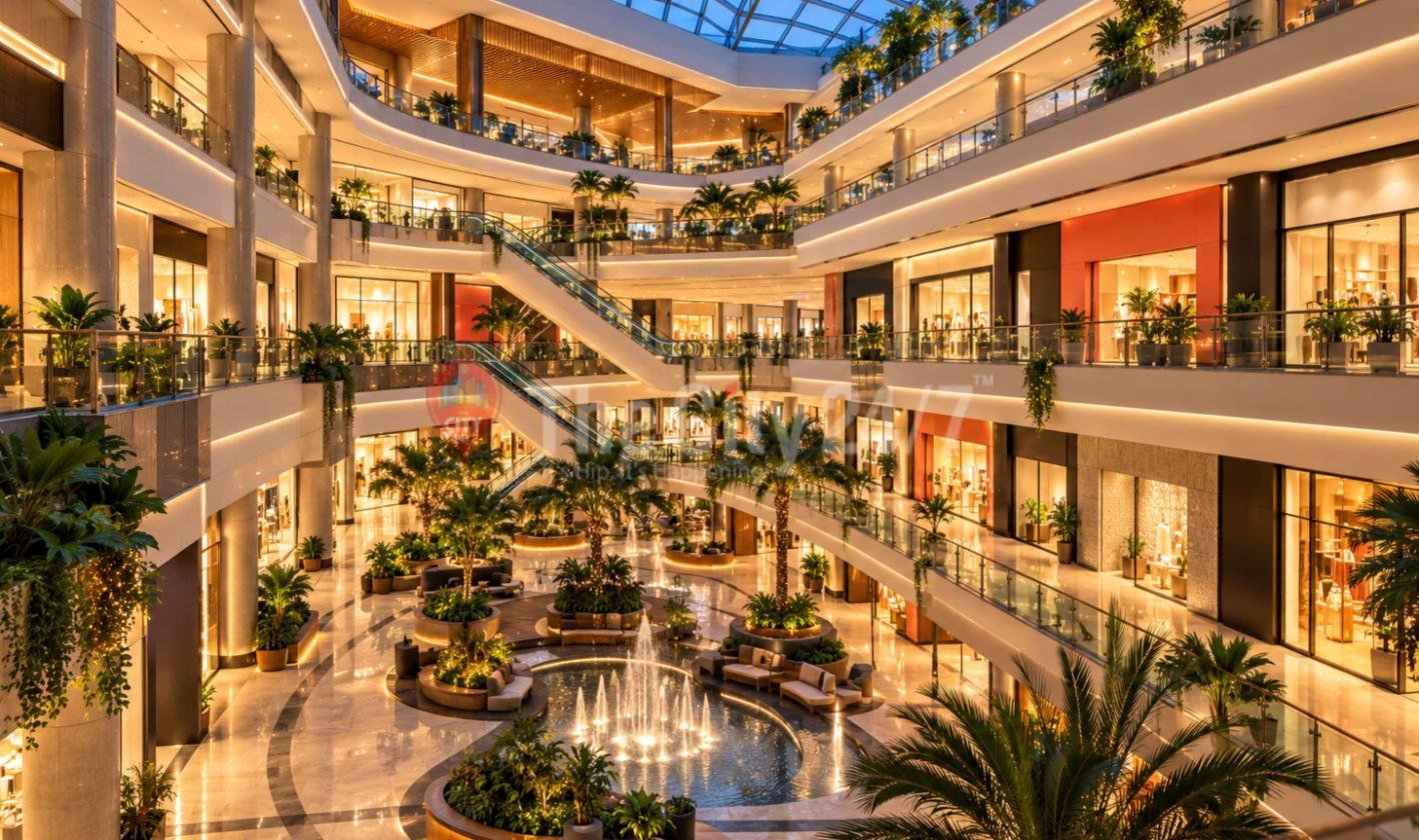 A multi-level mall atrium under a glass roof, with escalators, glass-fronted shops, palm planters and a lit fountain on the marble ground floor