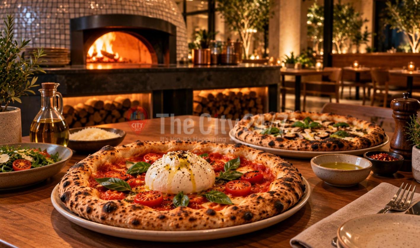 A wood-fired pizza topped with burrata, tomatoes and basil beside a mushroom pizza on a restaurant table, with a glowing tiled pizza oven and stacked firewood behind