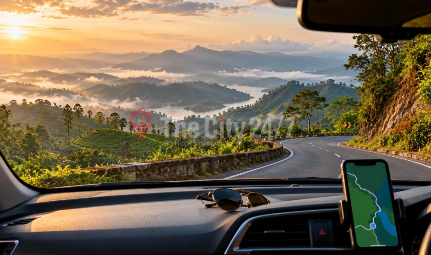 A view through a car windscreen of a winding hill road at sunrise above misty valleys and a lake, with sunglasses on the dashboard and a phone showing a map
