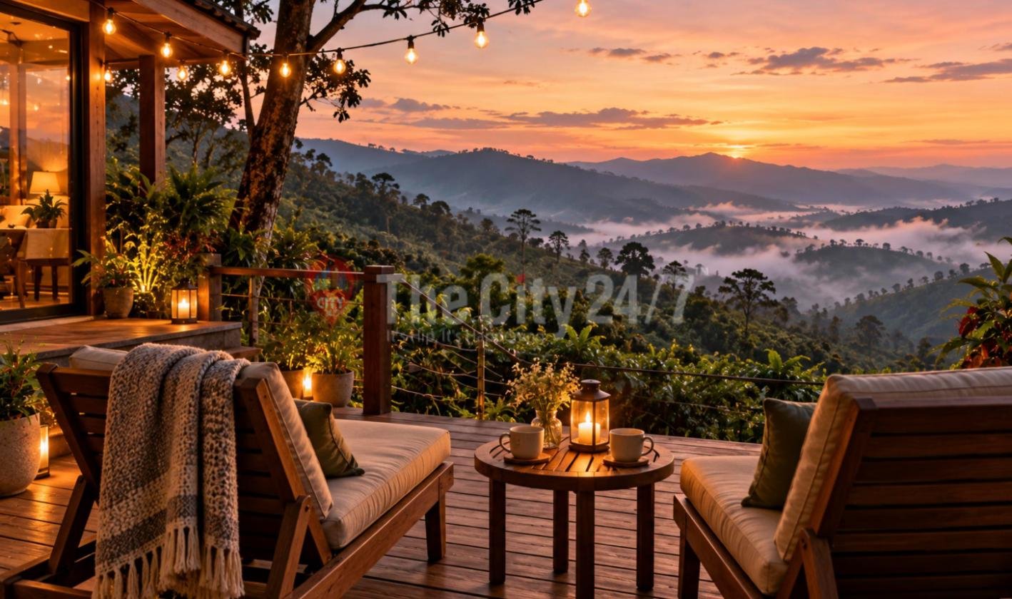 A wooden deck at sunset with two cushioned loungers, two cups and a candle lantern on a small table, string lights overhead and misty forested hills beyond