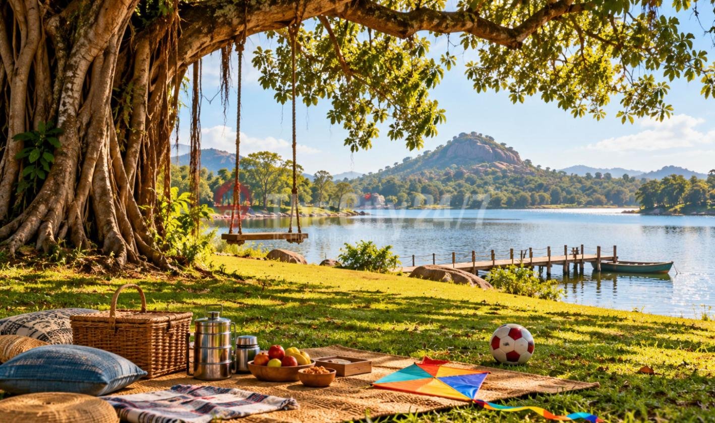 A picnic mat by a lake under a banyan tree with a rope swing, laid with a basket, a steel tiffin carrier, fruit, a kite and a football, with a boulder hill across the water