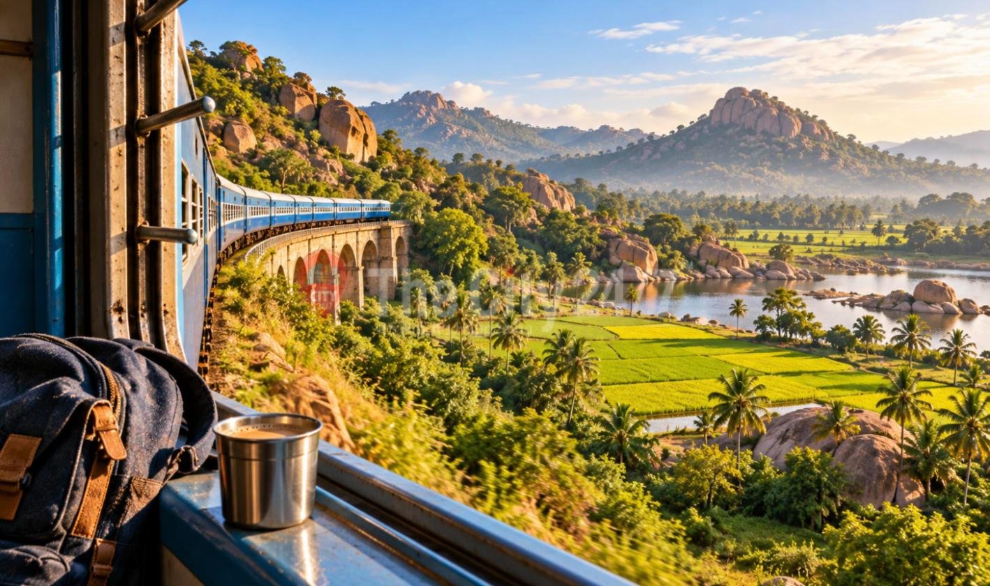 A view from a train doorway of blue coaches crossing a stone viaduct through boulder hills, paddy fields and a lake, with a backpack and a steel tumbler of coffee in the foreground