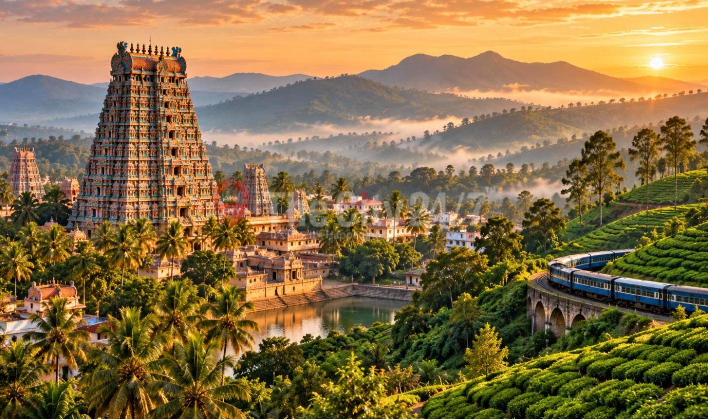 A towering painted temple gopuram above a temple tank and town at sunrise, with misty hills, tea plantations and a blue train crossing a viaduct