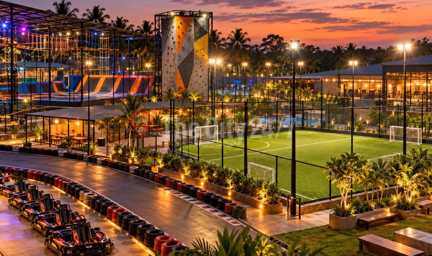 An outdoor activity park at dusk with a go-kart track, a floodlit five-a-side football turf, a climbing wall, a ropes course, trampolines and a pool
