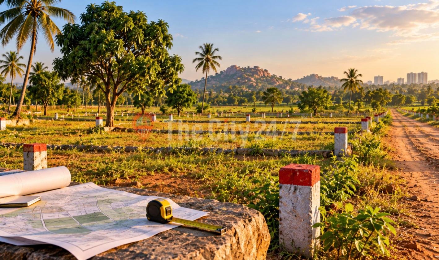 Open land marked into plots with red-topped stone boundary posts beside a dirt track, with a site layout map and measuring tape on a rock in front and a boulder hill and distant towers behind