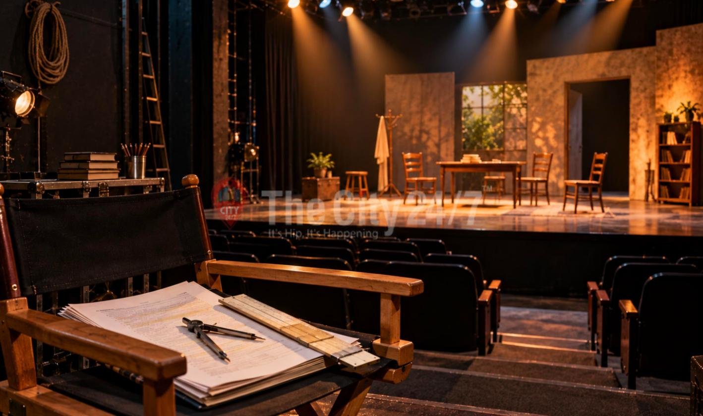 A director's chair holding a script, a compass and a scale ruler in the seats of an empty theatre, facing a lit stage set with a table, chairs and a bookshelf