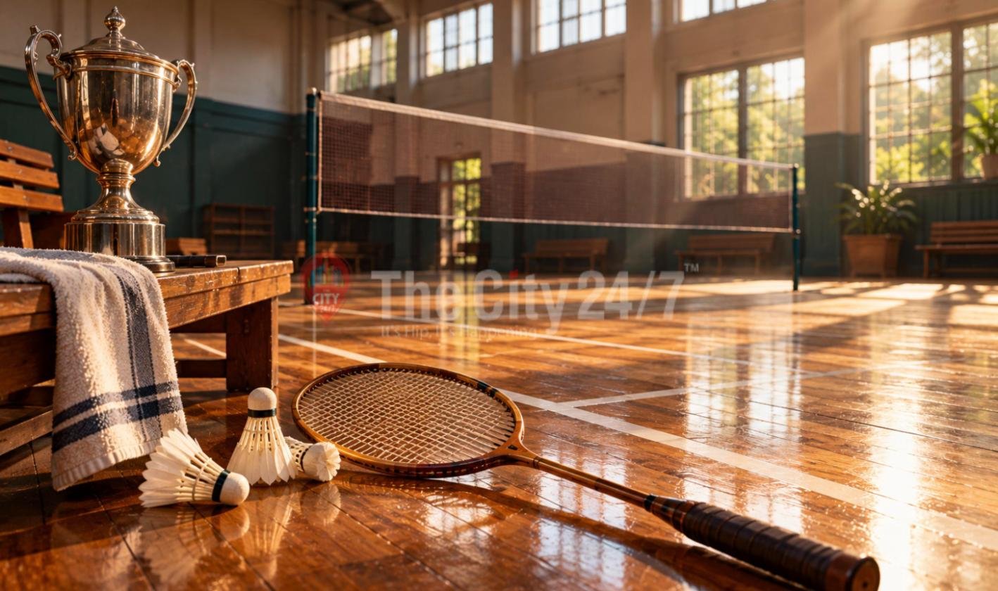 A wooden badminton racquet and shuttlecocks on a polished court beside a silver trophy and a towel on a bench, with the net and tall sunlit windows behind