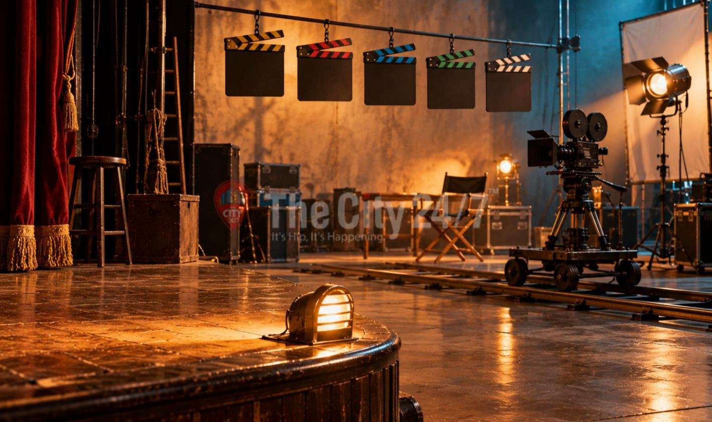 A theatre stage with red velvet curtains and a footlight that opens into a film set with a camera on dolly tracks, a director's chair, studio lights and a row of hanging clapperboards