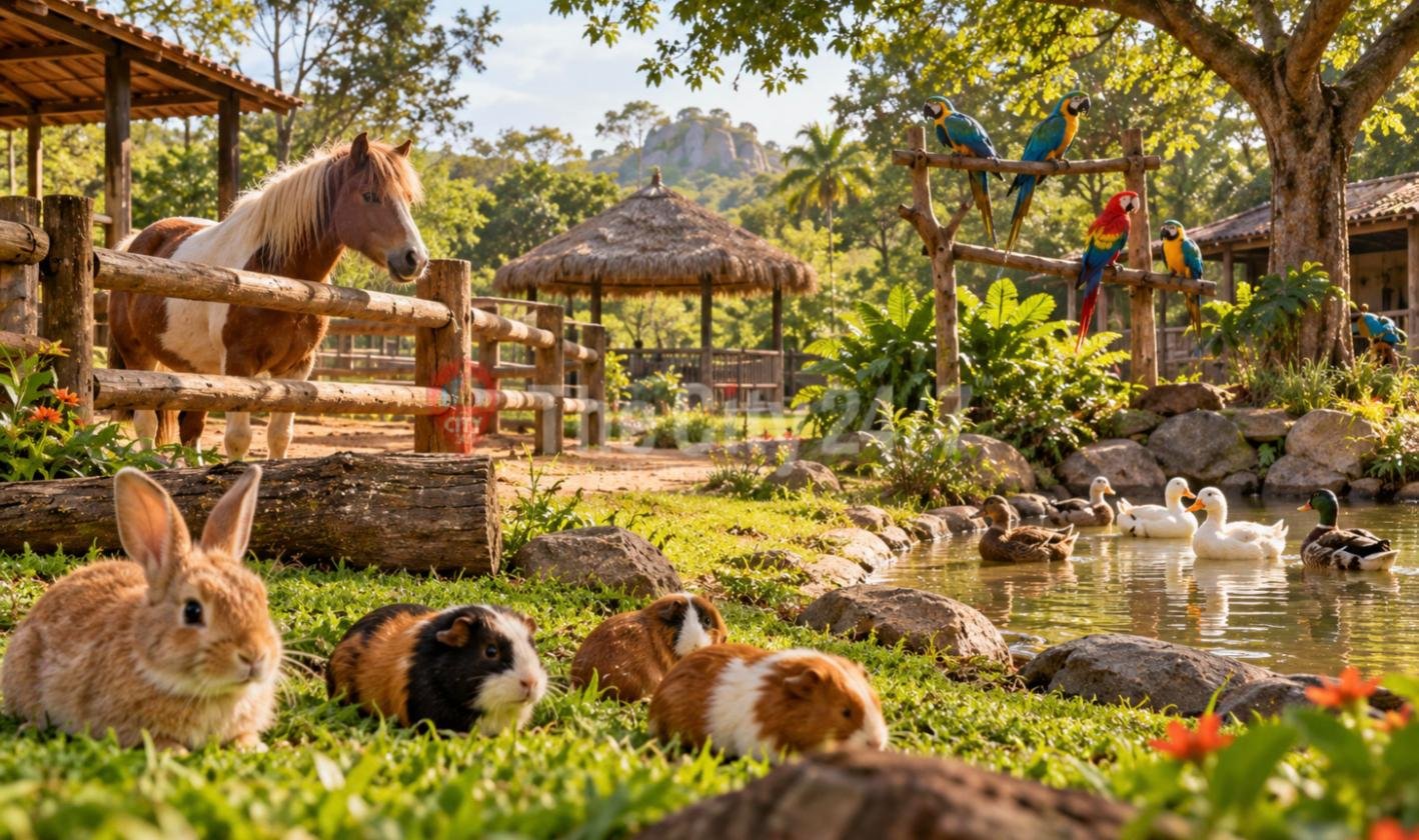 A sunny animal farm with a rabbit and guinea pigs on the grass, ducks on a pond, a pony at a wooden fence and macaws on a perch, with a thatched hut and boulder hill behind