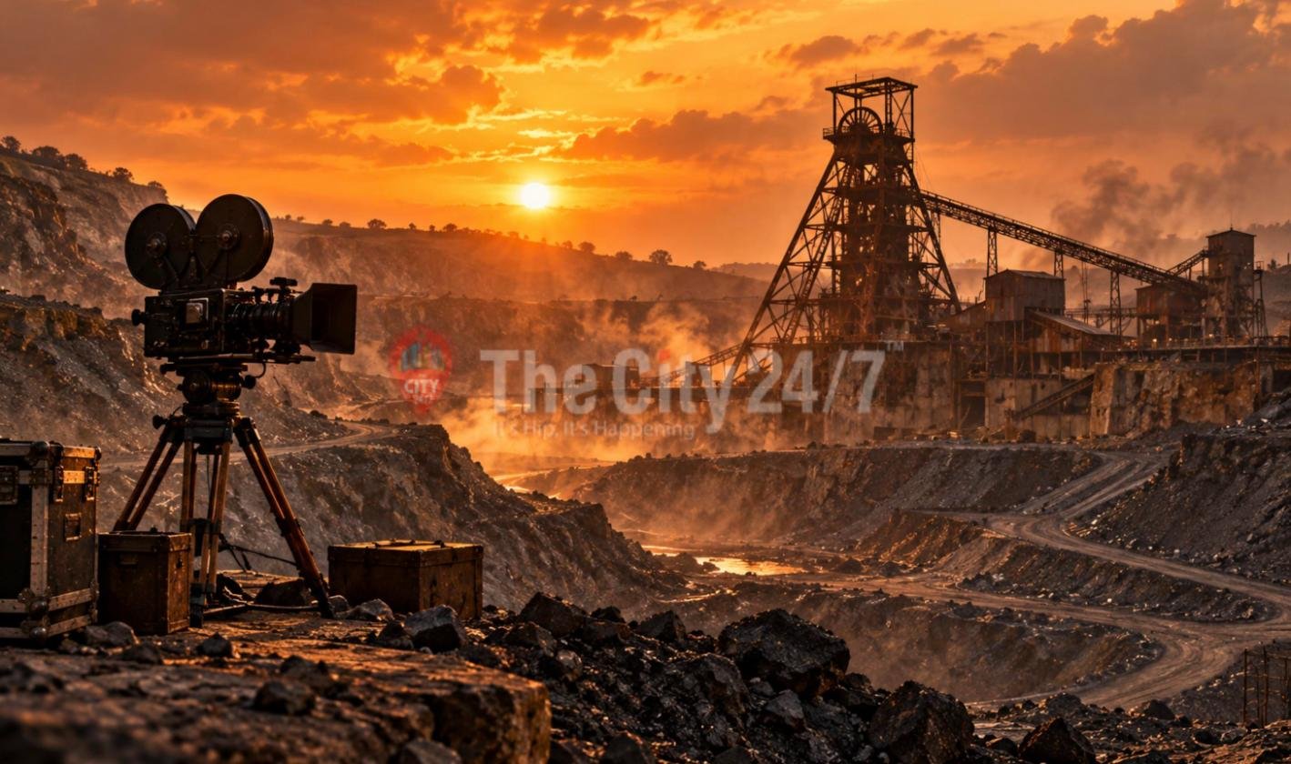 A vintage film camera on a tripod overlooking a smoky open-cast gold mine at sunset, with a tall steel mine headframe and conveyors in the distance