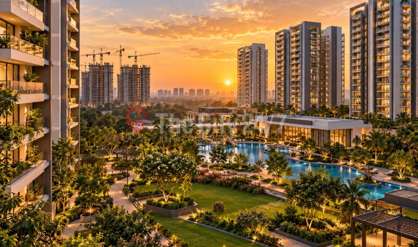 A gated apartment township at sunset with tall residential towers around landscaped gardens, a lagoon pool and a clubhouse, with more towers under construction behind