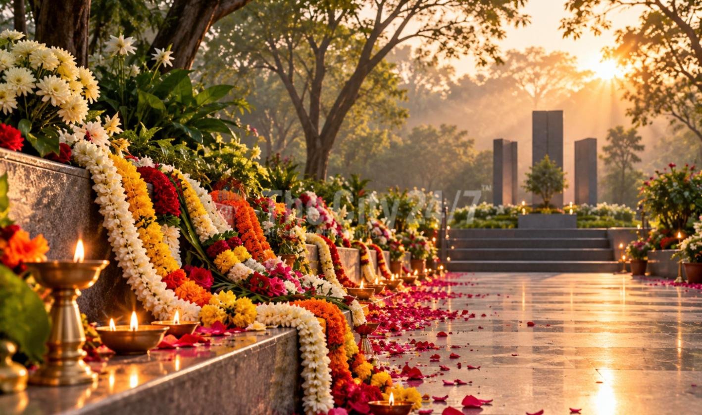 A memorial path at sunrise lined with marigold, rose and jasmine garlands, lit brass lamps and scattered petals, leading to tall dark stone pillars among trees