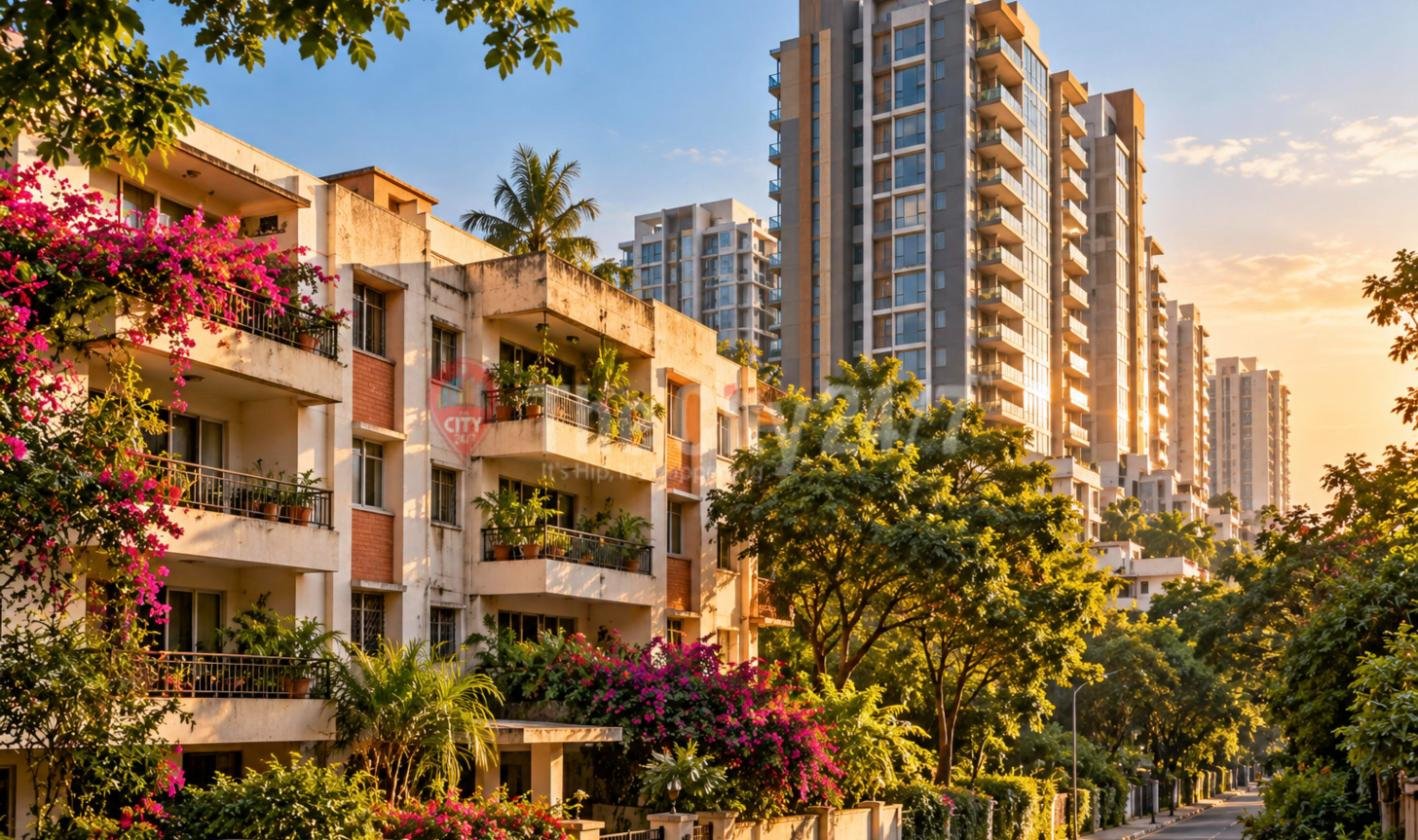 An older low-rise apartment block with bougainvillea-covered balconies on a tree-lined street, with modern high-rise towers rising behind at sunset