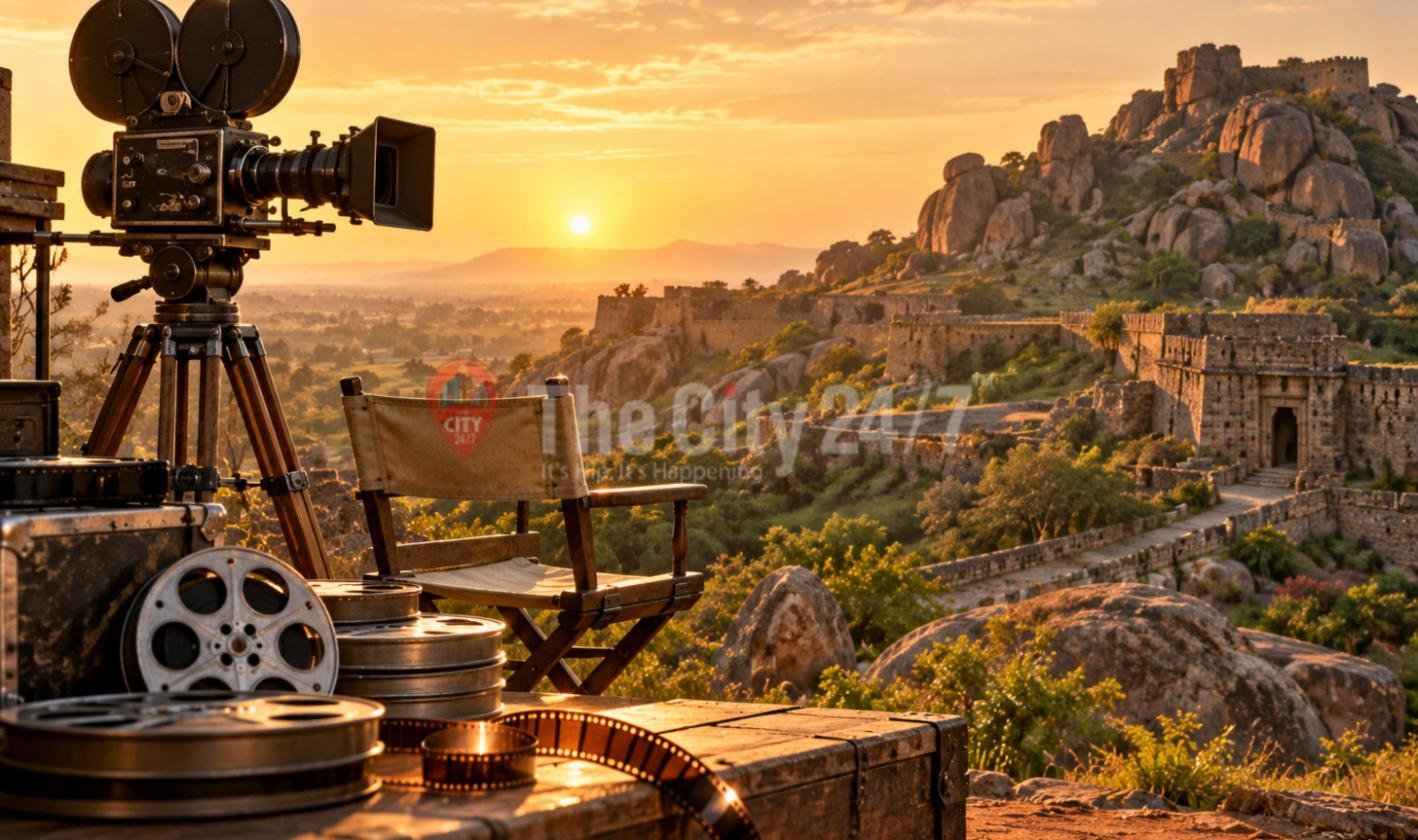 A vintage film camera on a tripod beside a director's chair and film reels on a hilltop at sunset, overlooking stone fort walls on a boulder hill