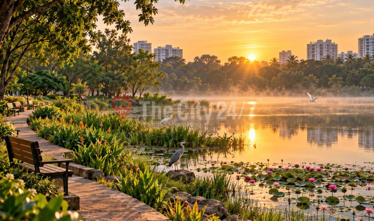 A lakeside walking path at sunrise with a bench, a heron among lotus flowers and lily pads, an egret in flight and apartment blocks beyond the trees