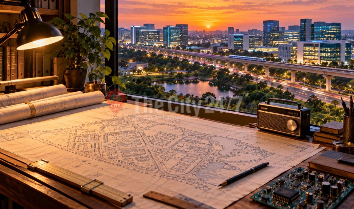 A drafting table at sunset with a hand-drawn town plan, rolled blueprints, a circuit board and an old radio, overlooking glass office blocks, a lake and an elevated metro line