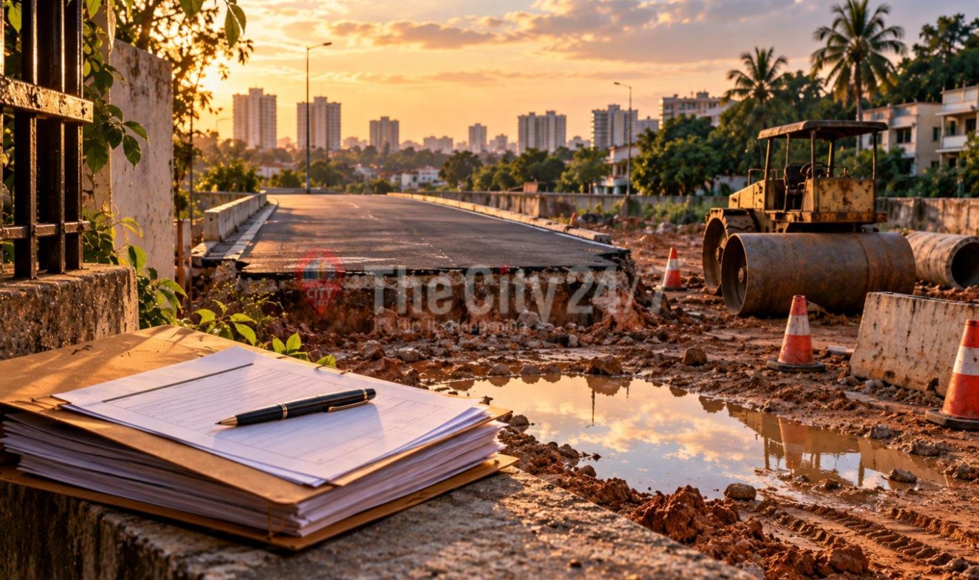 A file of application papers with a pen on a wall beside an unfinished road that ends in mud, puddles and traffic cones, with an abandoned road roller and apartment blocks at sunset