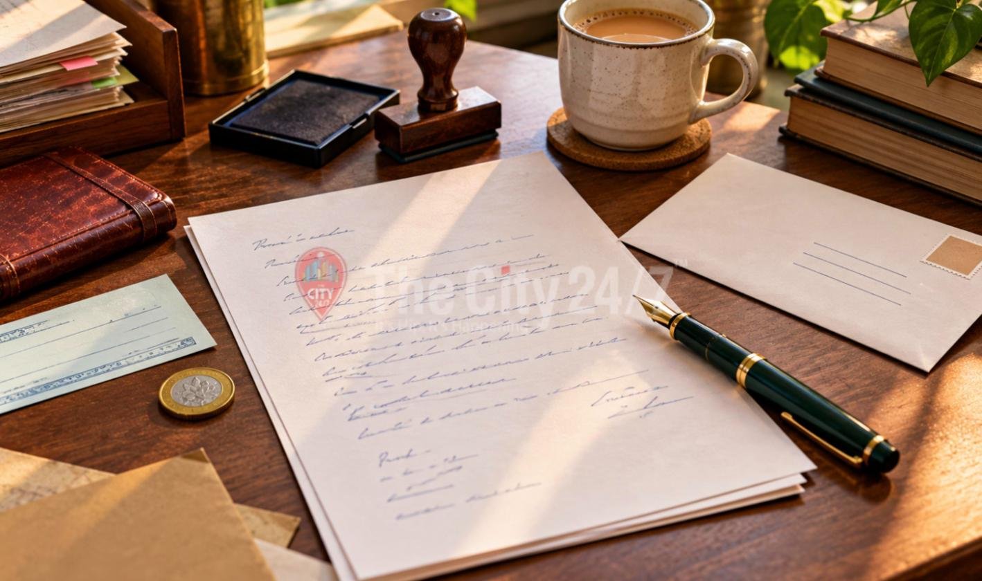 A handwritten application letter with a fountain pen on a wooden desk beside an addressed envelope, a ten-rupee coin, a postal order, a rubber stamp and a cup of tea