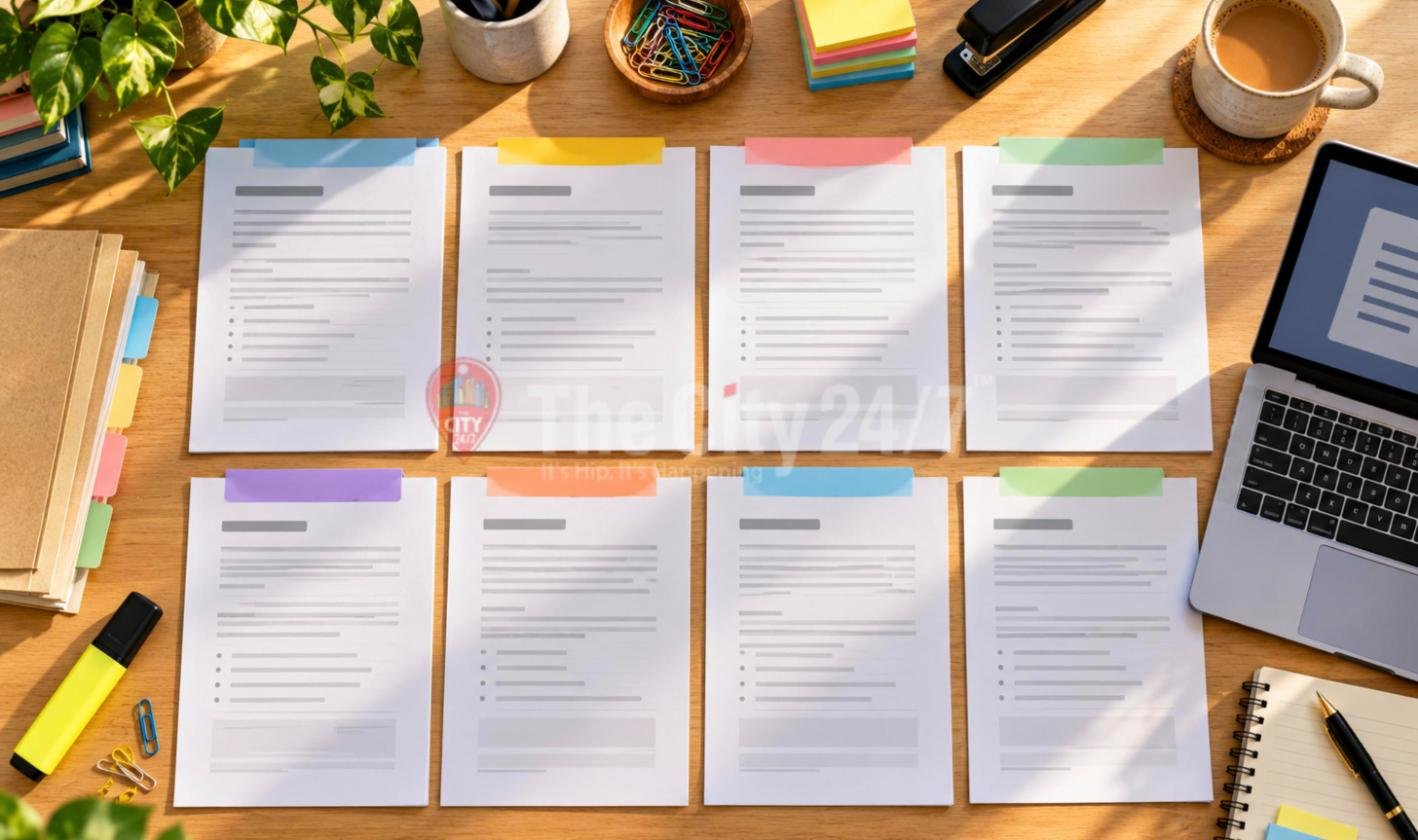 Eight printed letter templates with coloured tabs laid out in two rows on a desk, beside tabbed folders, a highlighter, sticky notes, a laptop and a cup of tea