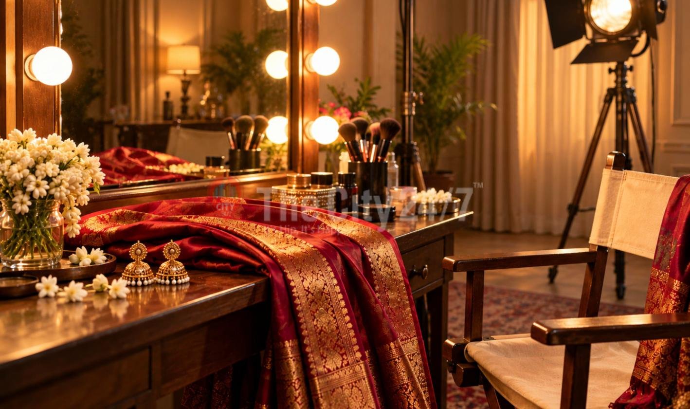 A film dressing table with a bulb-lit mirror, a red and gold silk sari, gold jhumka earrings, jasmine and makeup brushes, beside a director's chair and a studio light