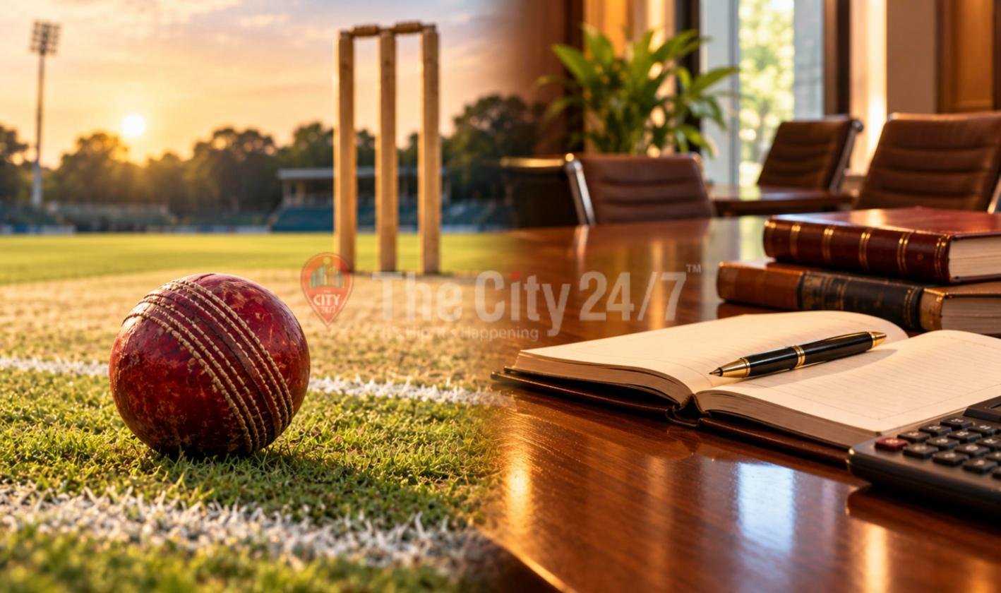 A split scene of a worn red cricket ball on a pitch with stumps at sunset, blending into a boardroom table with leather ledgers, an open notebook, a pen and a calculator