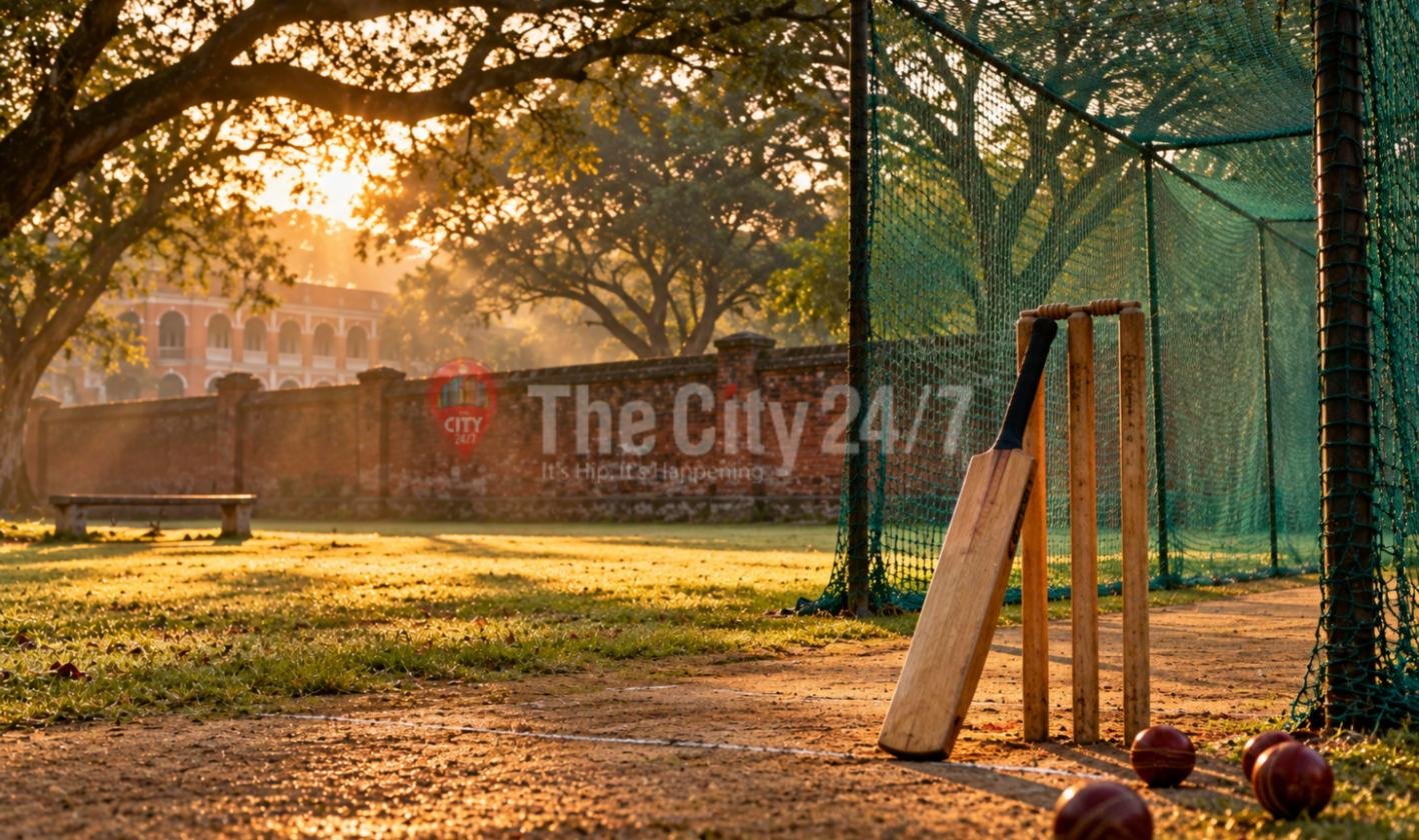 A cricket bat leaning against stumps beside an old practice net at sunrise, with cricket balls on the pitch, a brick wall and a colonial school building behind