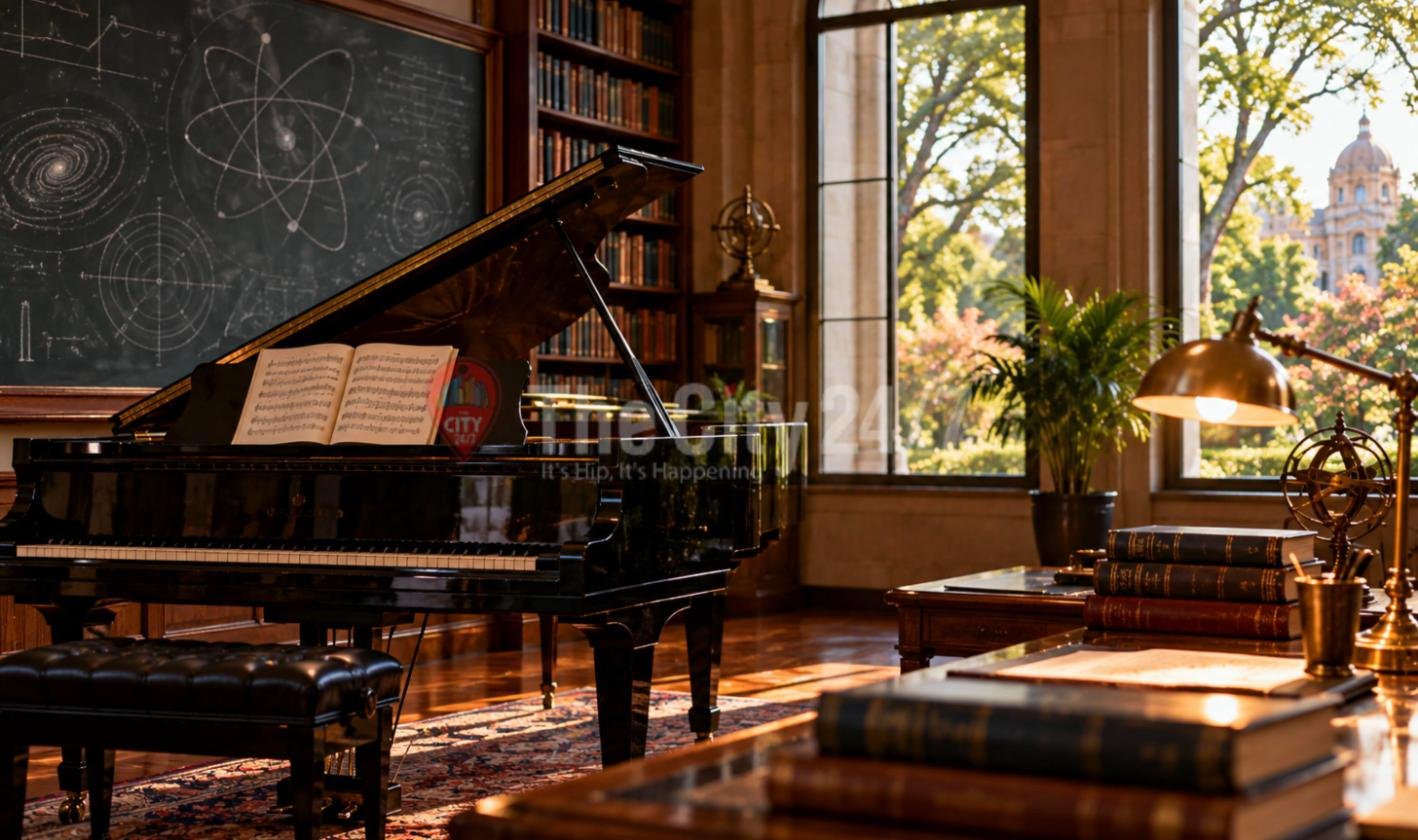 A grand piano with sheet music in a wood-panelled library, with a chalkboard of physics diagrams, stacked leather books and a window onto a domed building