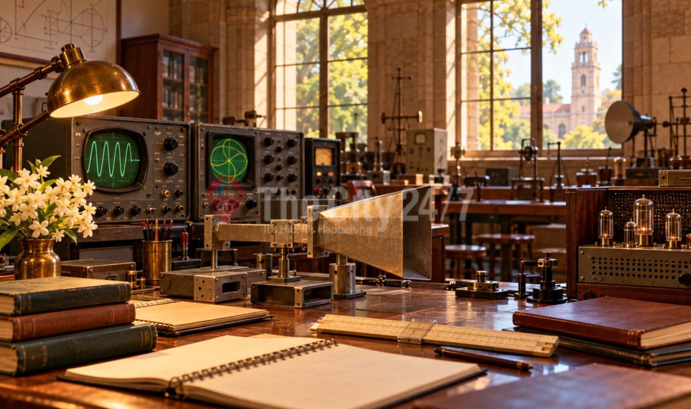 A vintage electronics lab with oscilloscopes, a microwave horn antenna, valve equipment, a slide rule and notebooks, with a stone clock tower through the tall windows