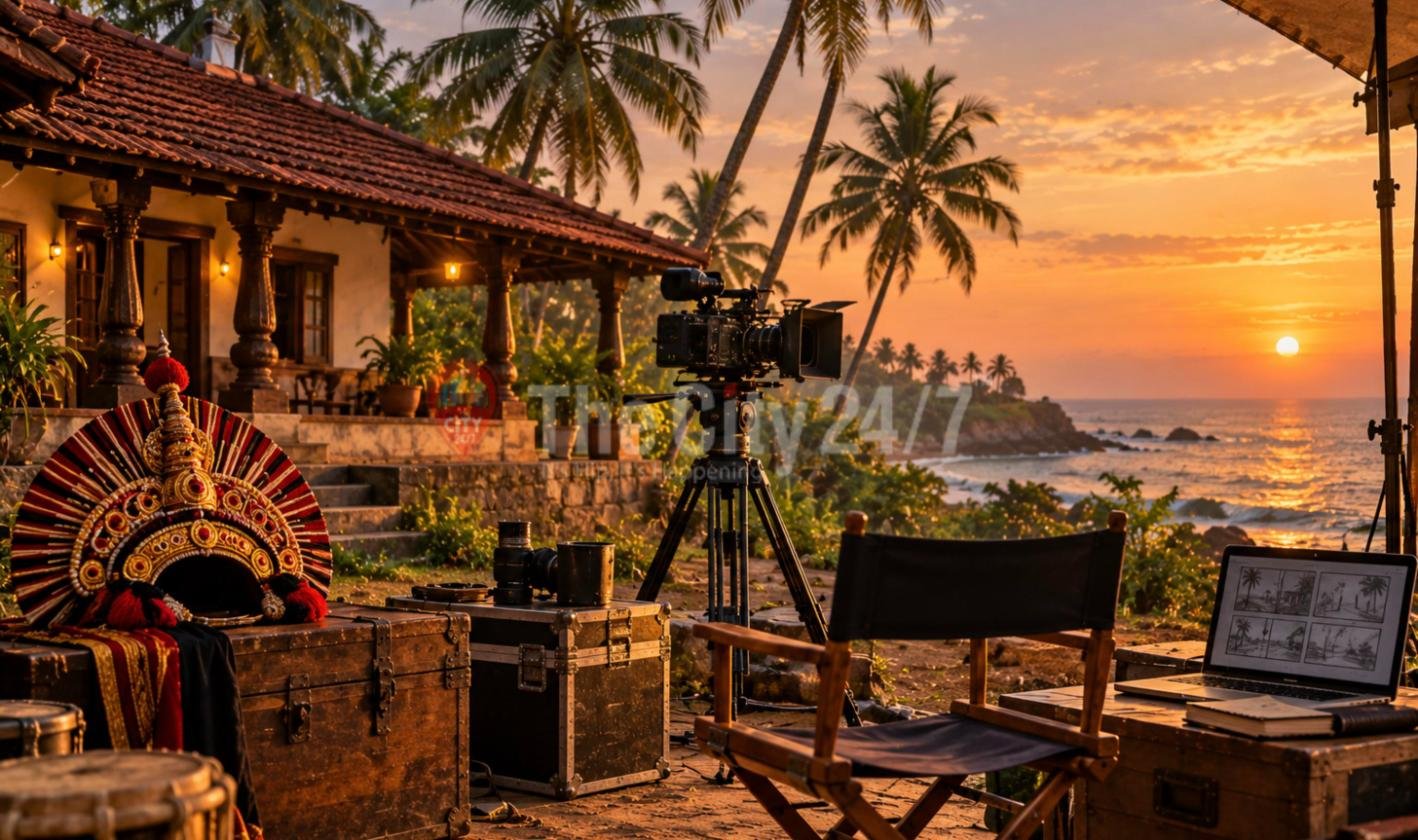 A film set on a coastal village path at sunset with a cinema camera on a tripod, a director's chair, a Yakshagana headdress on a trunk and a laptop of storyboards, beside a tiled-roof house and the sea