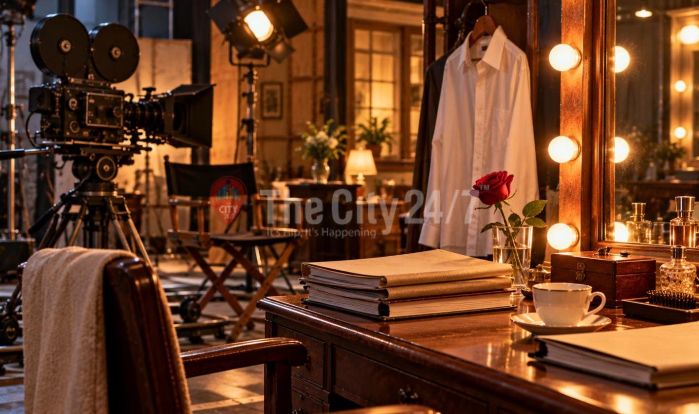A dressing room desk with a bulb-lit mirror, a single red rose, a white shirt on a hanger, scripts and a cup of tea, with a vintage film camera and director's chair on the set behind