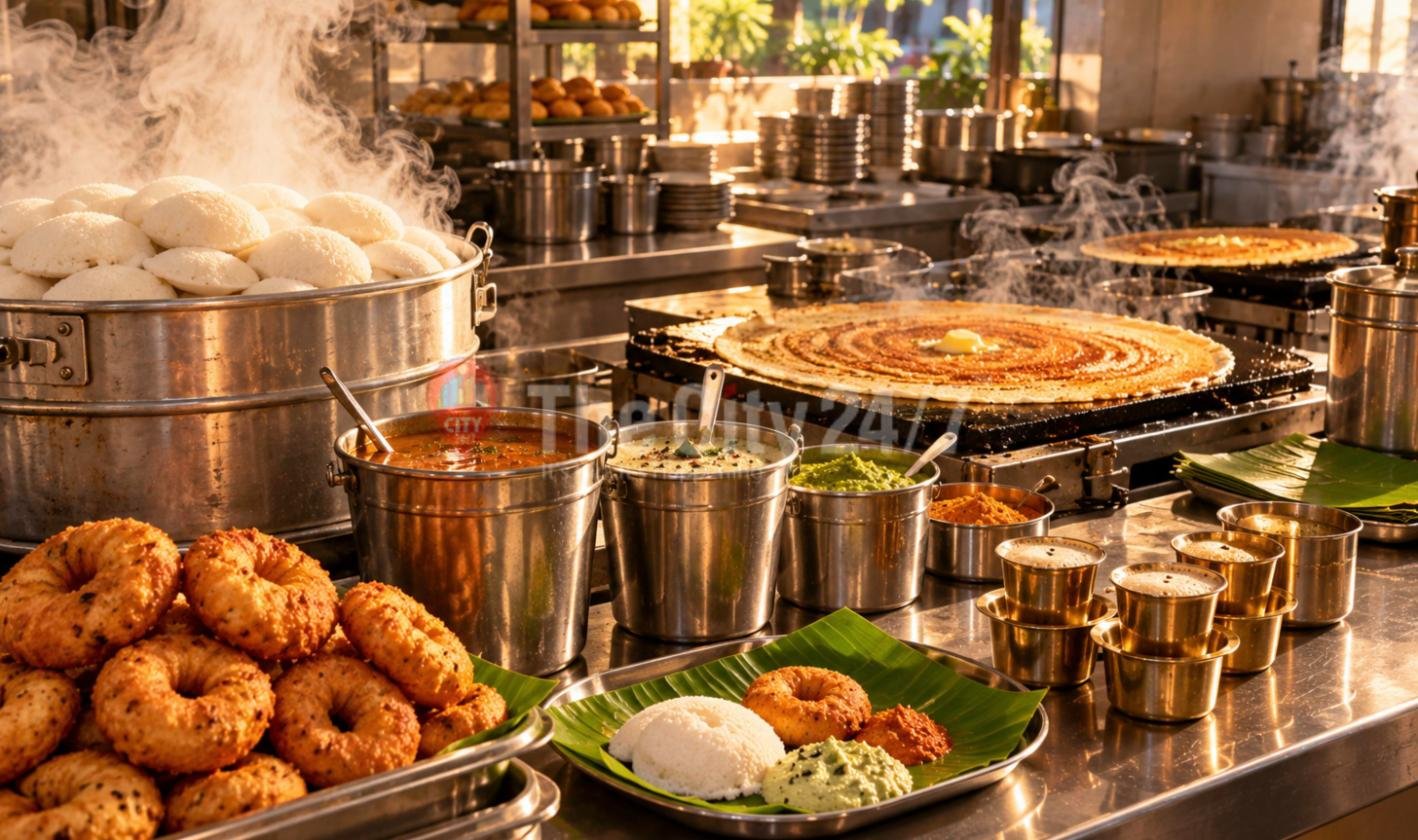 A steaming tiffin counter with stacks of idlis, a ghee dosa on the griddle, medu vadas, chutney buckets and brass tumblers of filter coffee, with a banana-leaf plate in front
