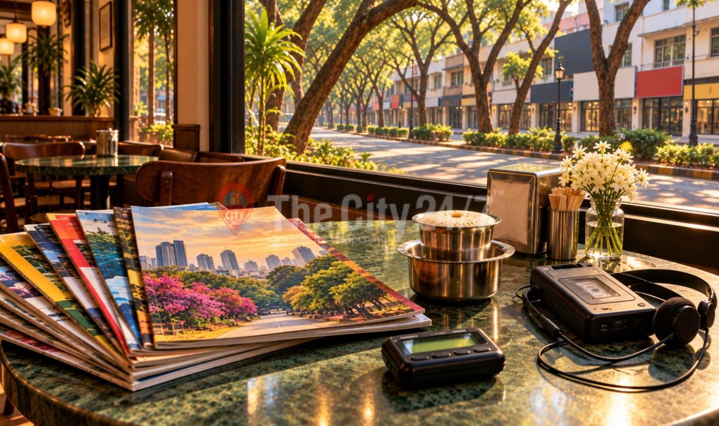 A fanned stack of colourful city magazines on a café table beside a steel filter coffee set, a pager and a cassette Walkman with headphones, with a tree-lined street outside