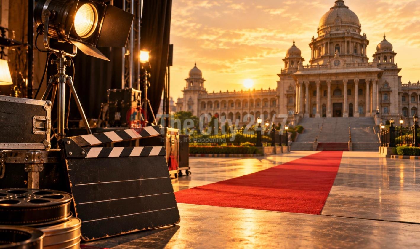 A clapperboard, film reels and a studio light beside a red carpet leading across a plaza to the steps of the domed Vidhana Soudha at sunset