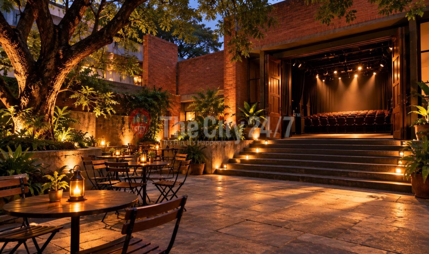 A lamp-lit brick theatre courtyard at dusk with café tables under a large tree and steps up to open doors showing a lit stage and rows of seats