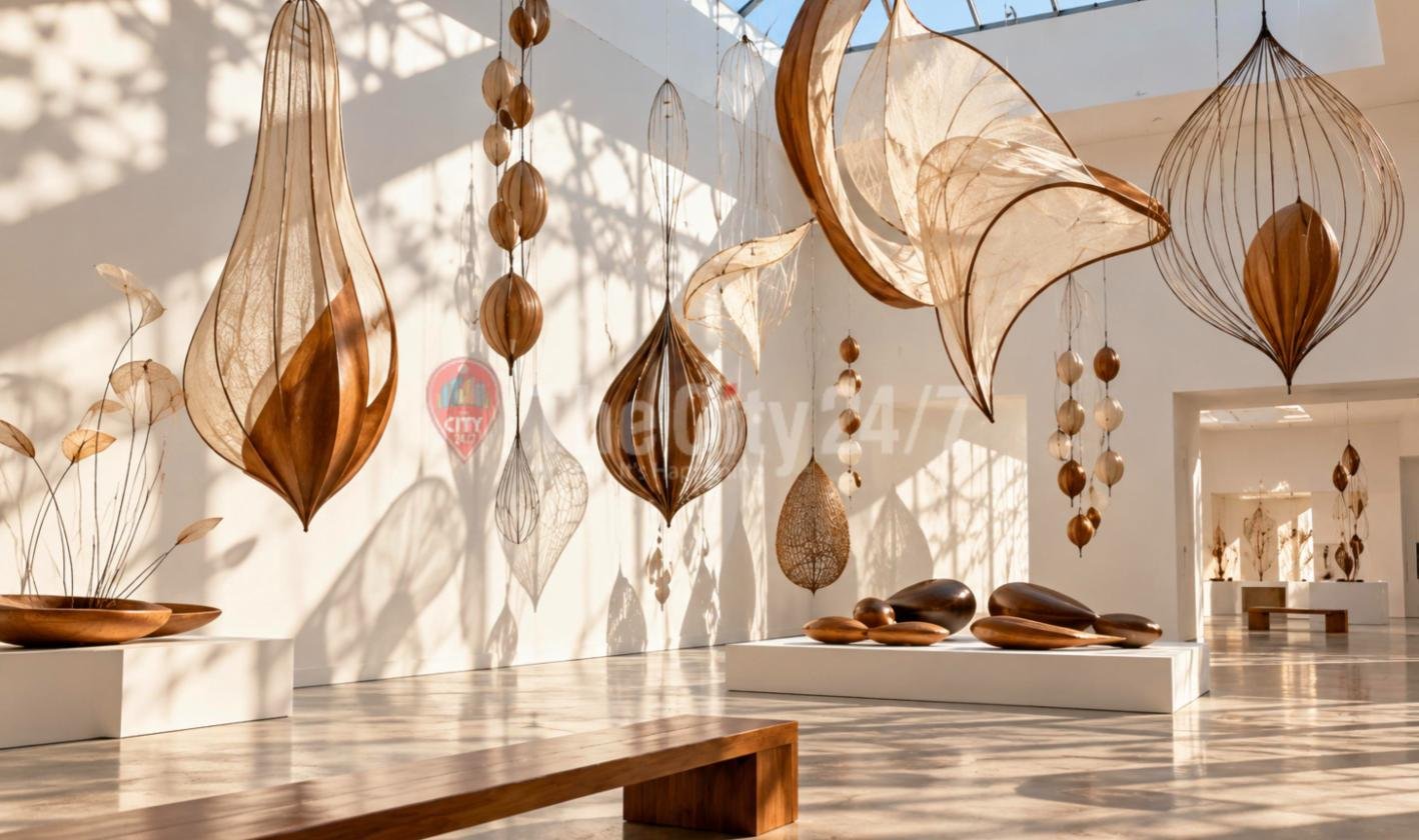 A sunlit white gallery hung with large organic sculptures of wood, wire and translucent fabric, with seed-like forms on low plinths and a wooden bench