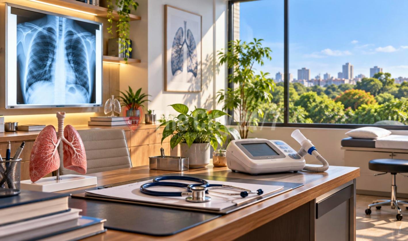 A doctor's consulting room with a chest X-ray on a lightbox, a lung model, a spirometer and a stethoscope on the desk, and a window onto trees and the city