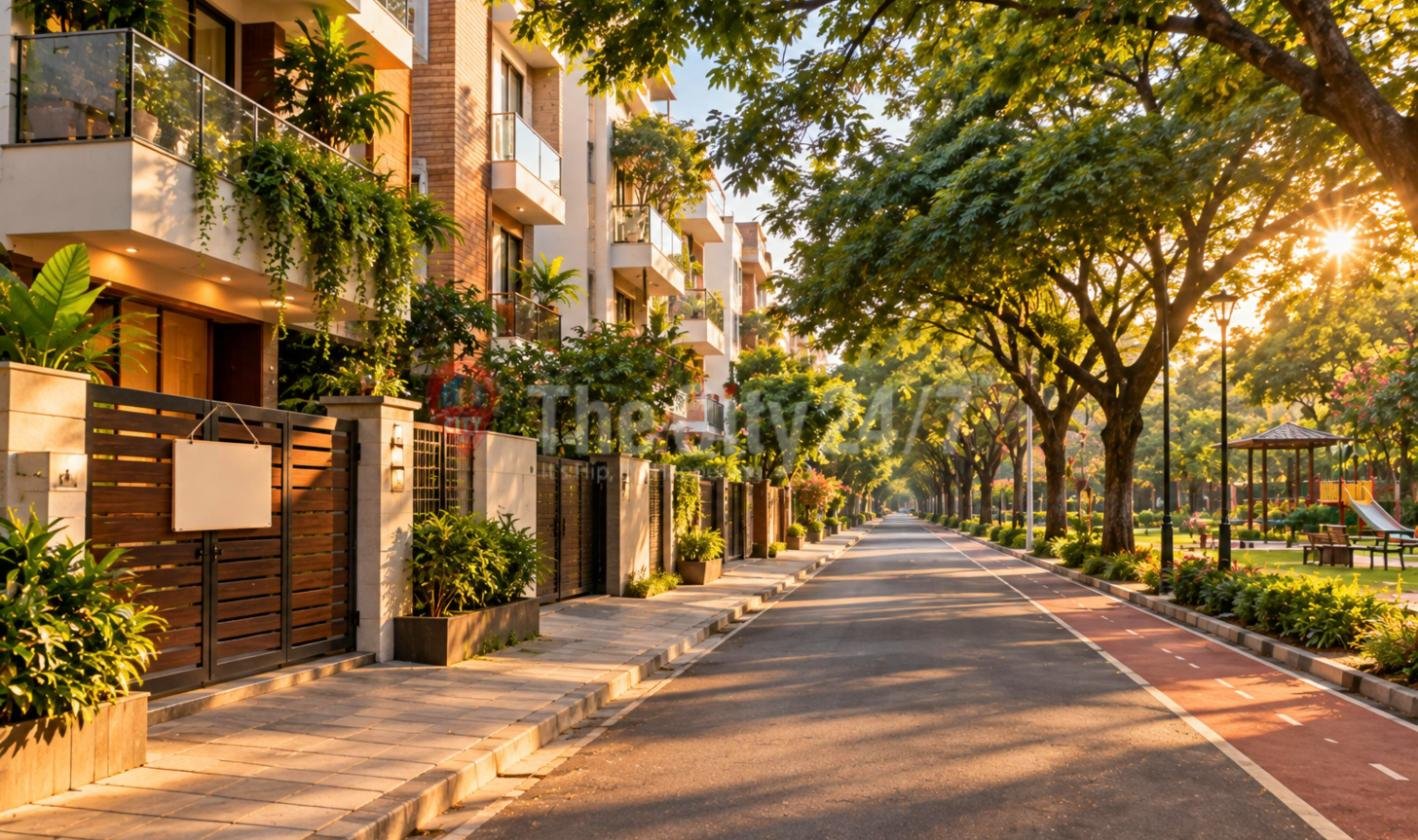 A quiet tree-lined residential road at sunrise with gated low-rise apartments on one side, a red cycle lane and a park with a gazebo and play area on the other