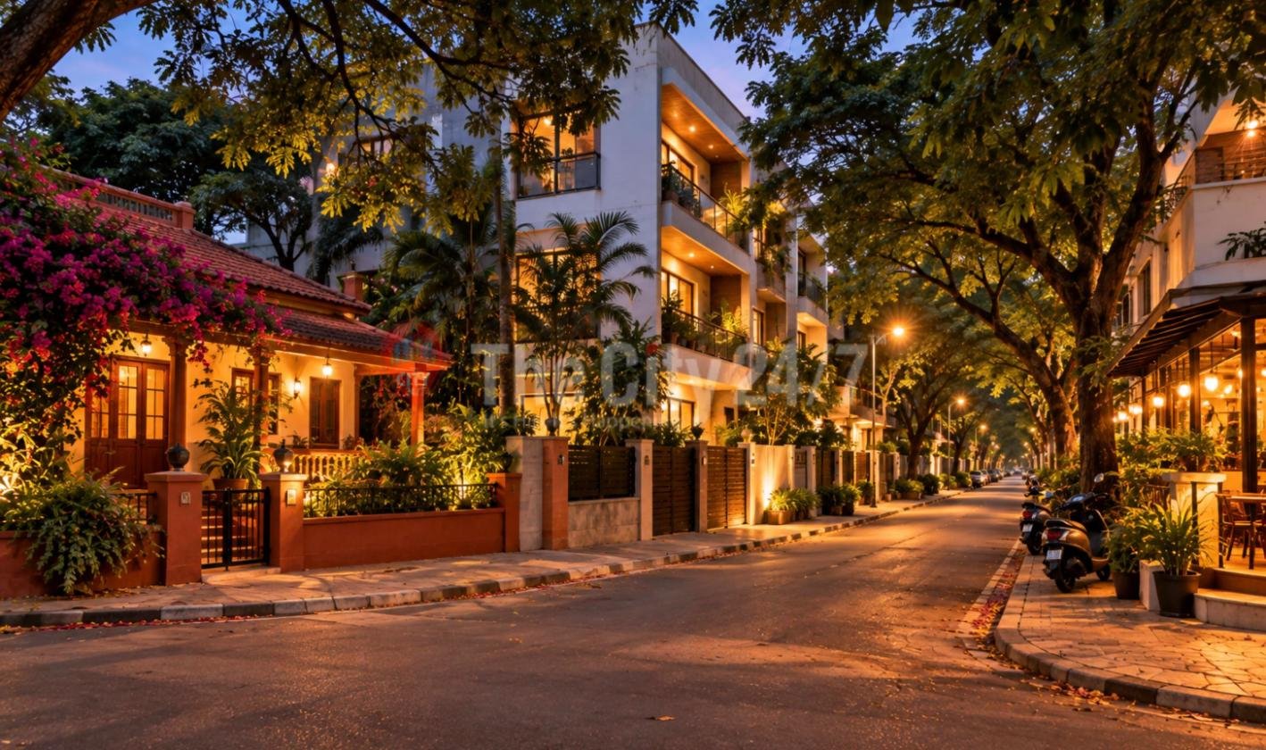 A tree-lined residential street at dusk with a tiled-roof bungalow covered in bougainvillea, modern apartment blocks, a lit café and parked scooters