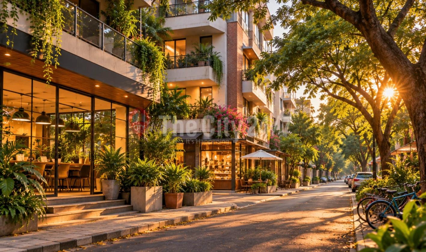 A sunlit street of apartment blocks with plant-filled balconies above a glass-fronted café and shops, with parked bicycles and cars under shady trees