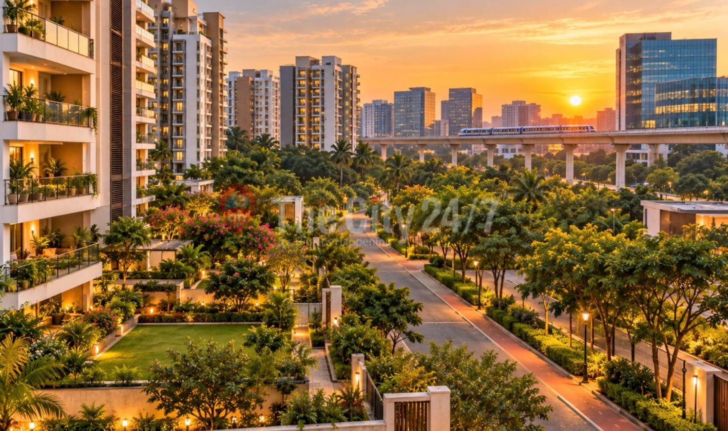 Apartment towers above landscaped gardens at sunset, with a tree-lined road leading to glass office blocks and a metro train on an elevated track