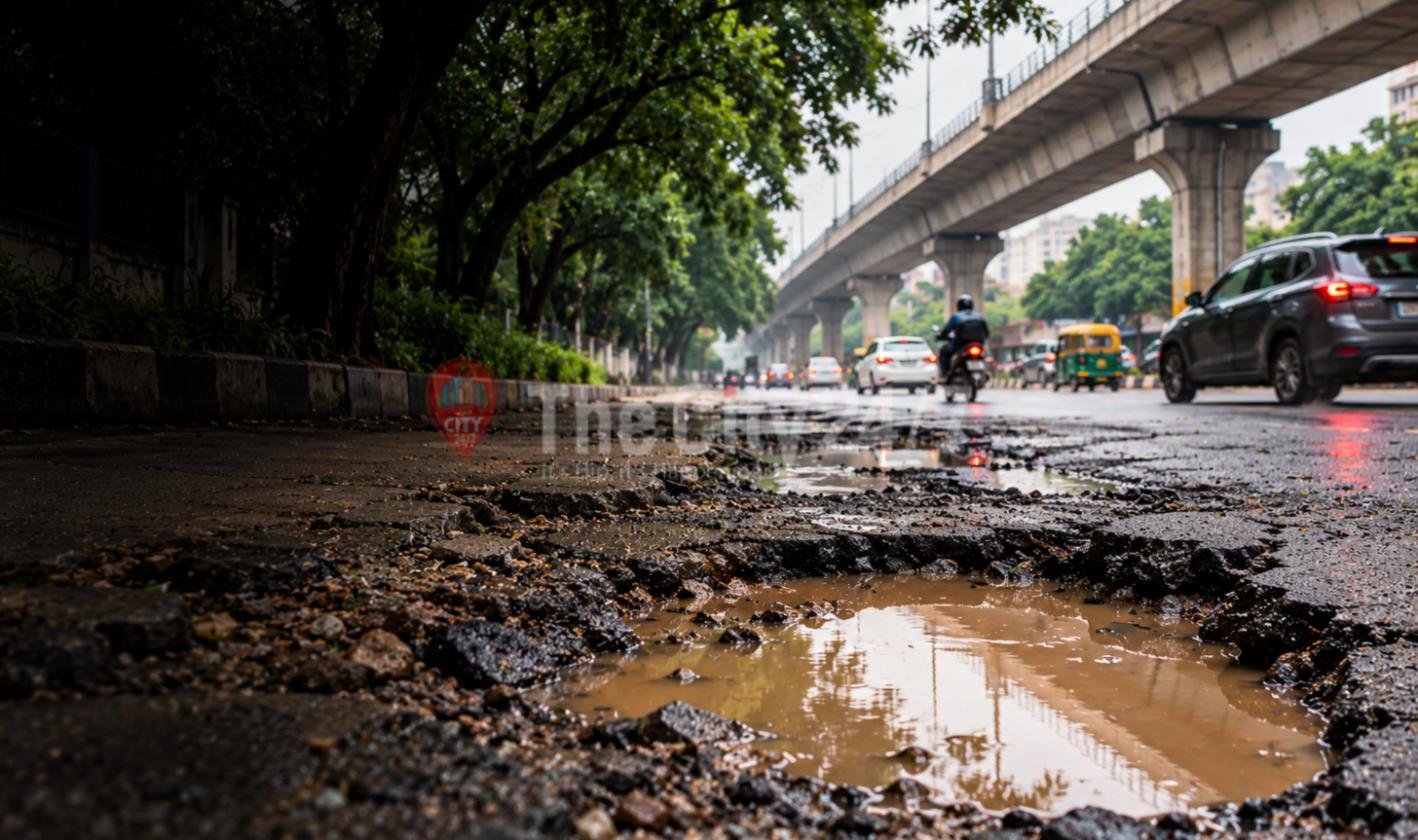 A large rain-filled pothole on a Bengaluru road under an elevated flyover, with traffic passing