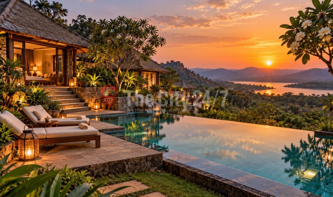 A lamp-lit infinity pool and loungers beside a thatched villa at sunset, overlooking forested boulder hills and a lake