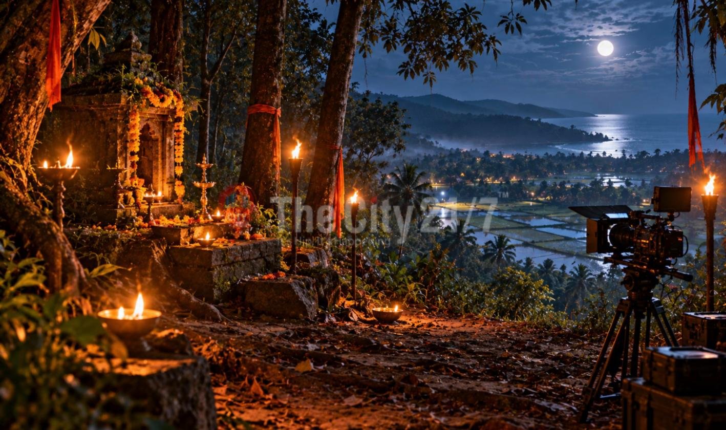 A forest shrine at night lit by oil lamps and torches, hung with marigold garlands, with a cinema camera on a tripod and a moonlit coastal village and sea below