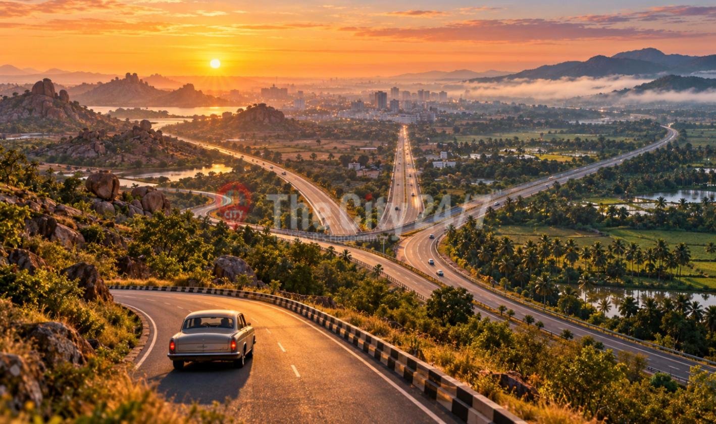 A vintage car on a hill road at sunrise looking down on highways fanning out from the city past boulder hills, lakes and paddy fields