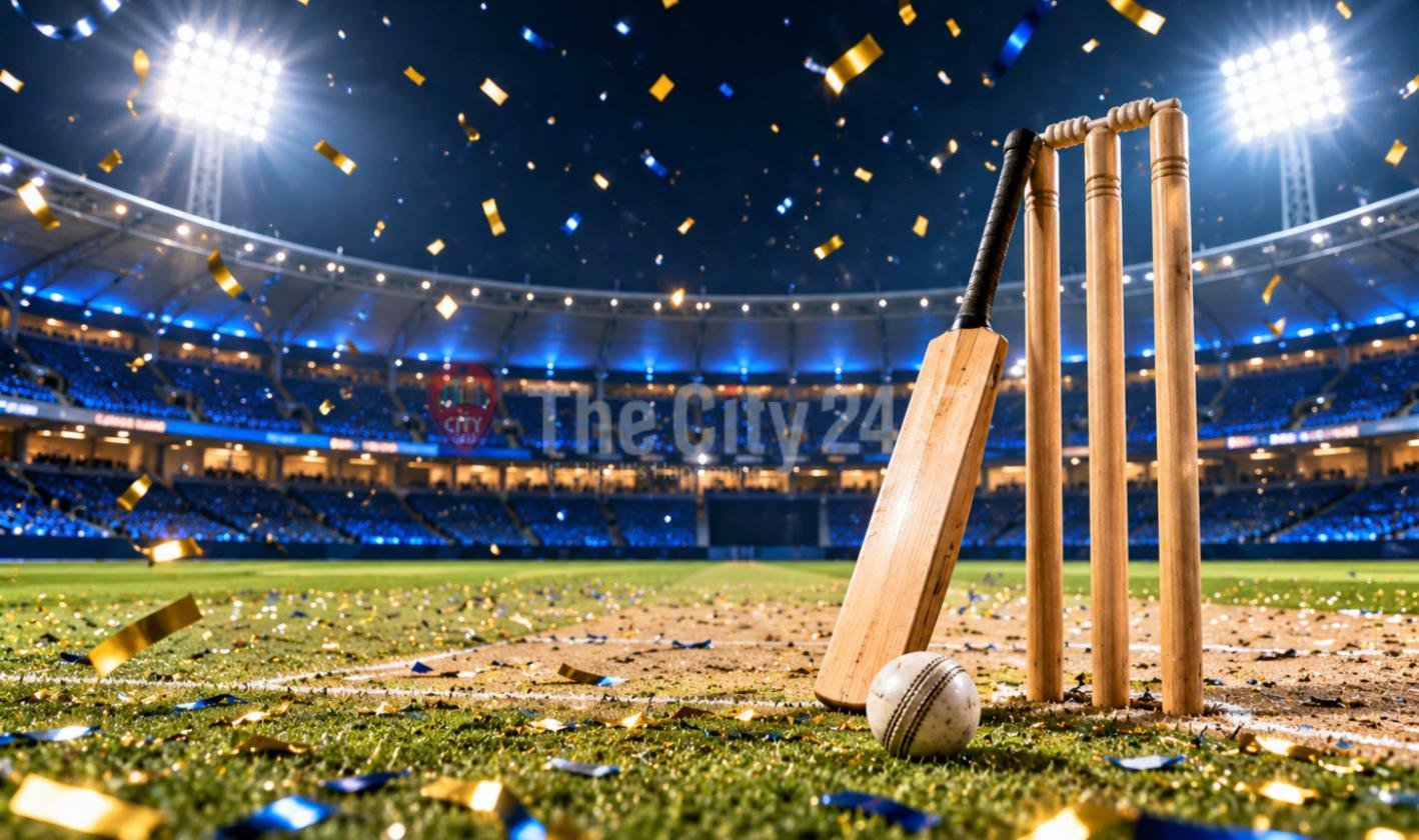 A cricket bat leaning against stumps with a white ball on the pitch under floodlights, as gold and blue confetti falls over a packed stadium at night