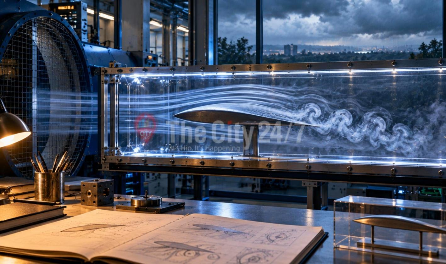 A wind tunnel in a lab at night with smoke streams flowing over an aerofoil model, beside a desk with an open sketchbook of airflow drawings and a second model