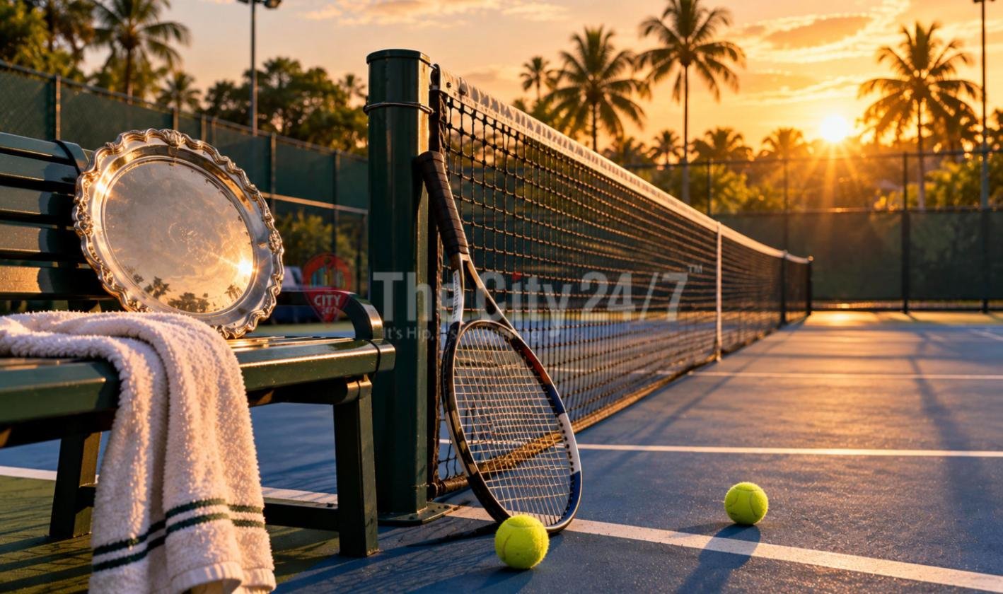 A tennis racquet leaning on the net post of a hard court at sunset, with tennis balls, a silver trophy plate and a towel on a courtside bench and palm trees behind
