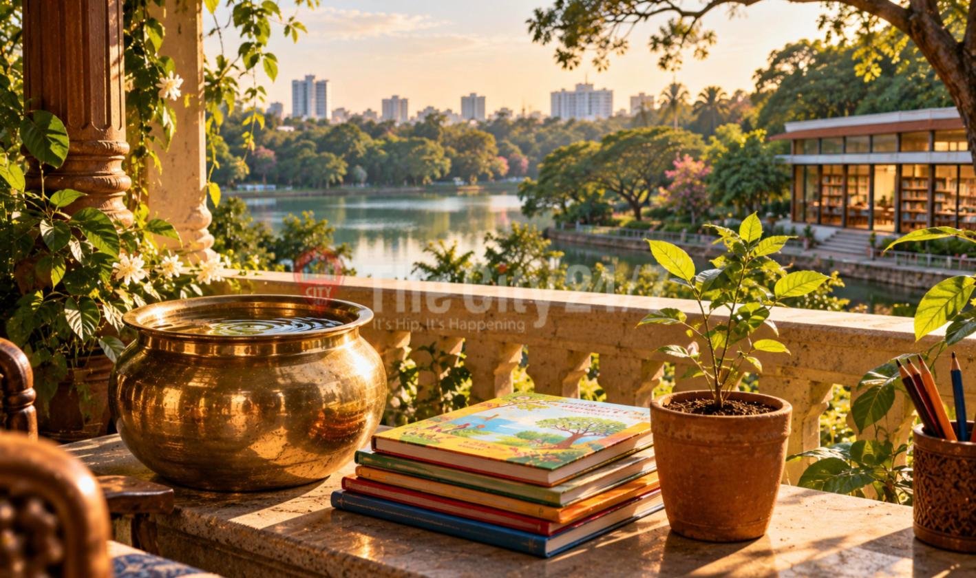A brass water pot, a stack of children's picture books, a potted sapling and pencils on a stone balcony at sunset, overlooking a lake, a glass-walled library and the city