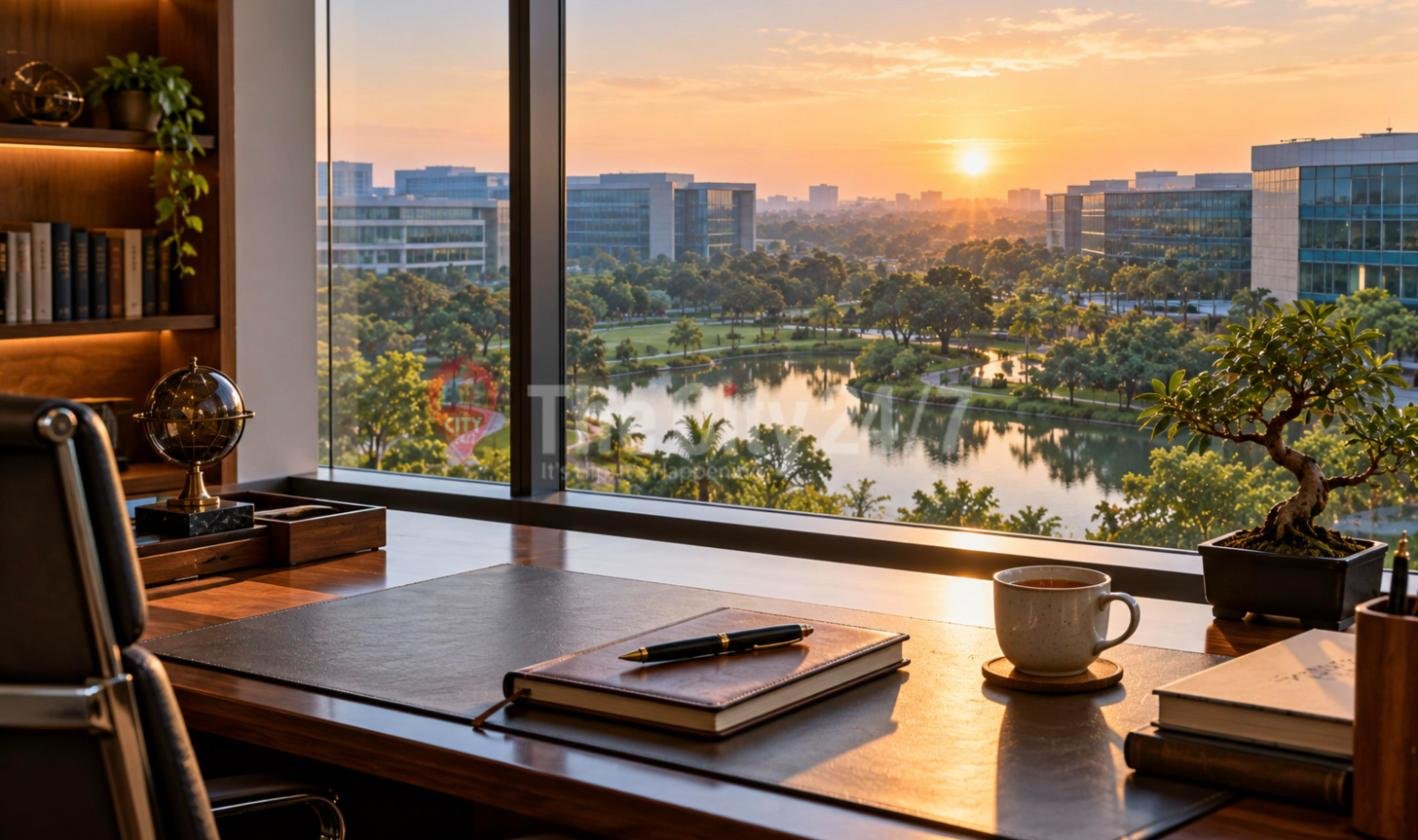 An executive desk with a leather notebook, a pen, a cup of tea and a bonsai, looking out at sunrise over a lake and the glass buildings of a green tech campus