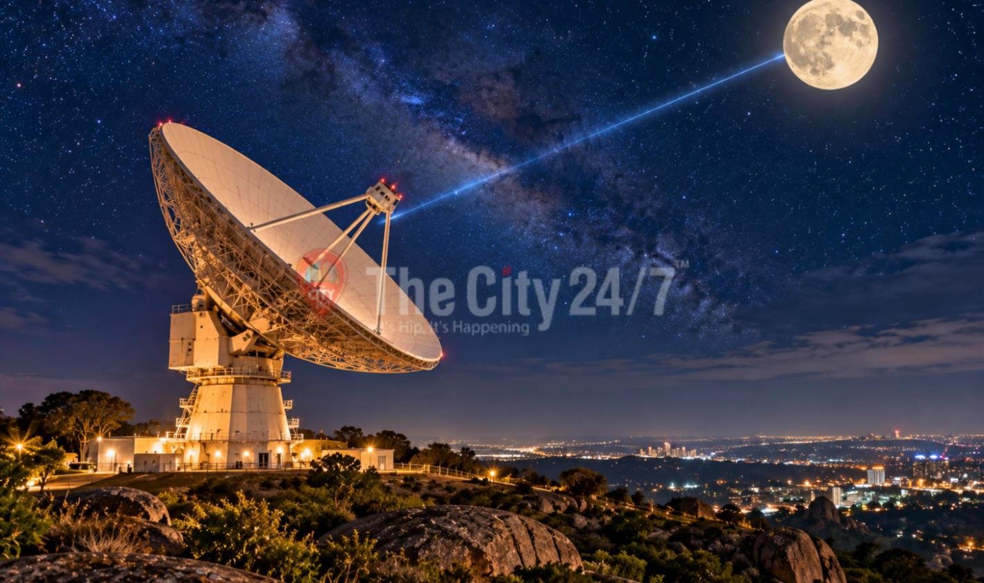 A giant white deep space antenna on a rocky hilltop at night, a beam of light reaching from the dish to a full moon above the Milky Way and the city lights below